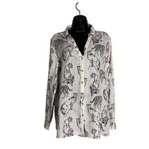 Cynthia Rowley 100% Linen Button-Up White Shirt With Black Animal Print